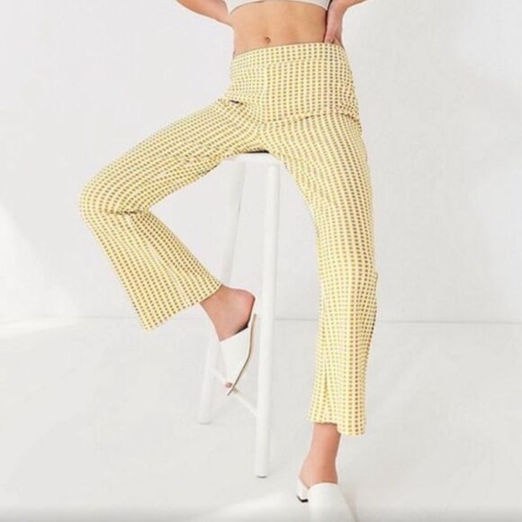 Urban Outfitters Yellow White Texture Checked Pattern Flare Leg Retro Pants - Picture 4 of 13